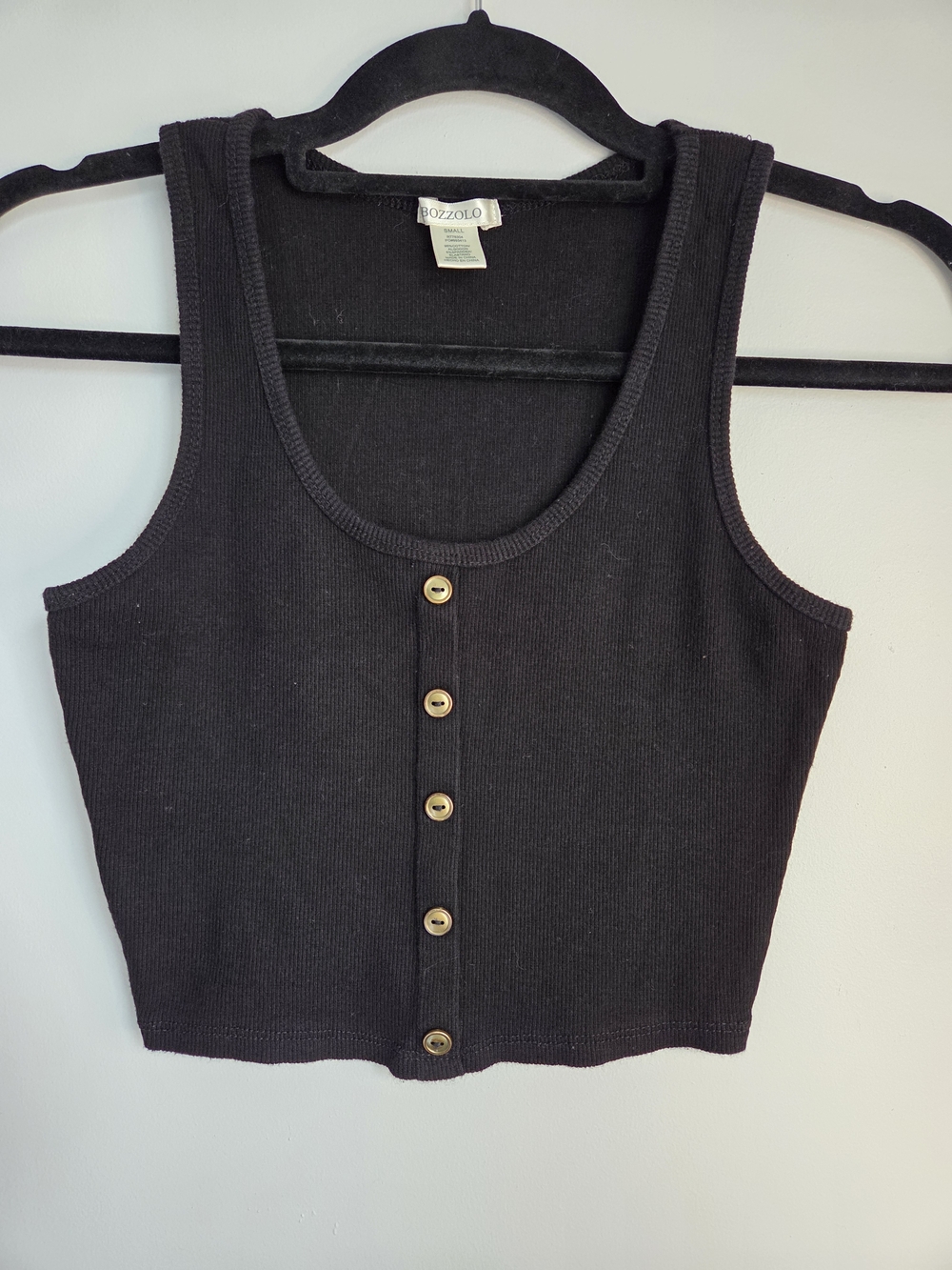 Bozzolo Black Ribbed Faux Button Front Cropped Tank Top Size S Cotton Blend
